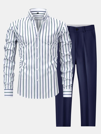 Striped long-sleeved button-down shirt with slim-fit tapered pants