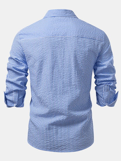 Seersucker Striped Button Up Shirt &amp; Straight Leg Linen Pants