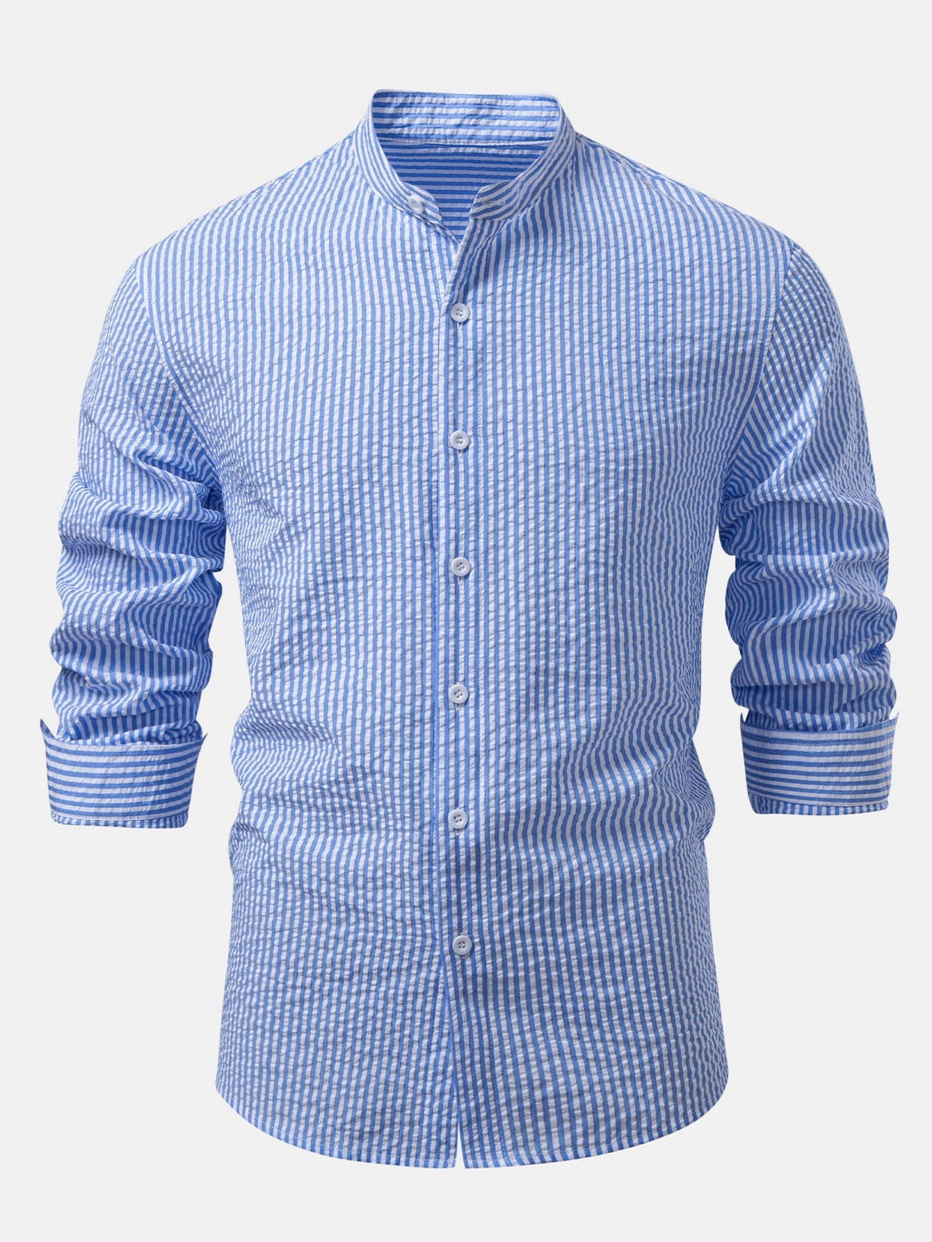 Seersucker Striped Stand Collar Shirt &amp; Straight Leg Linen Pants