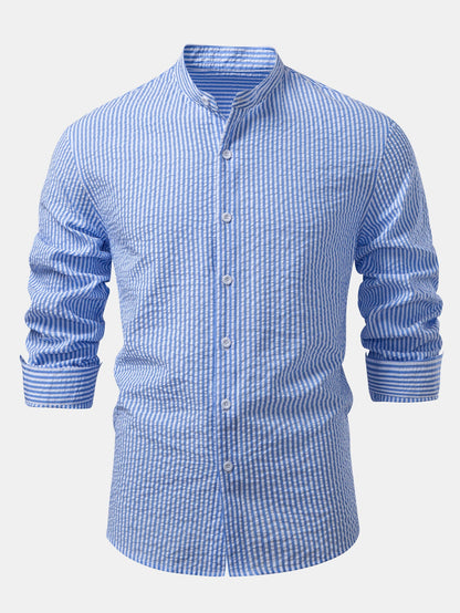Seersucker Striped Stand Collar Shirt &amp; Straight Leg Linen Pants