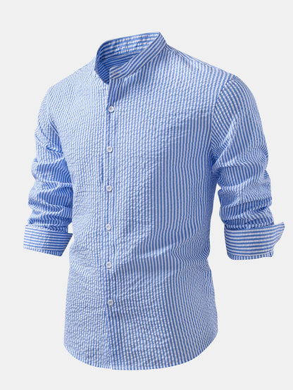 Seersucker Striped Stand Collar Shirt &amp; Straight Leg Linen Pants