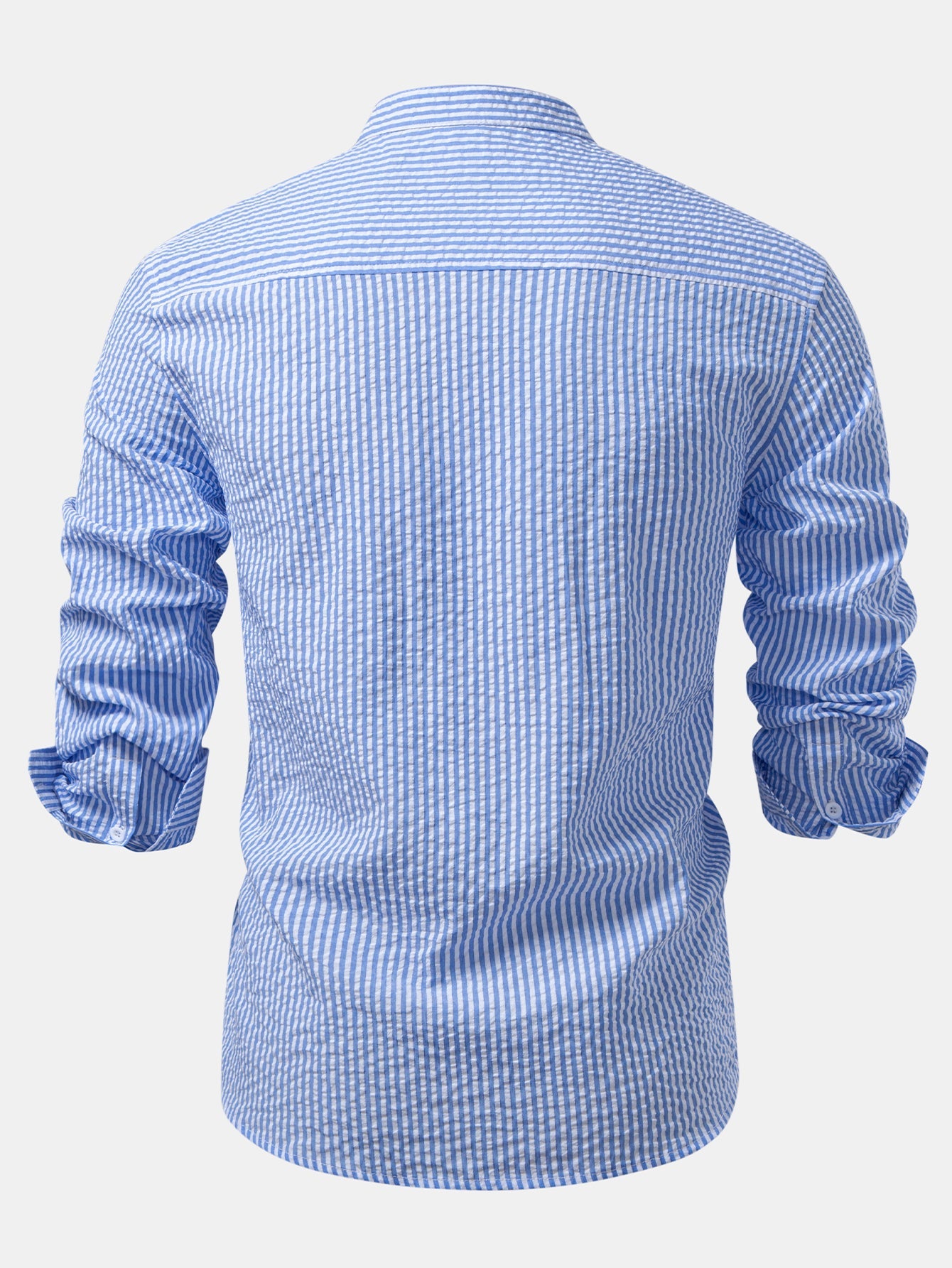 Seersucker Striped Stand Collar Shirt &amp; Straight Leg Linen Pants