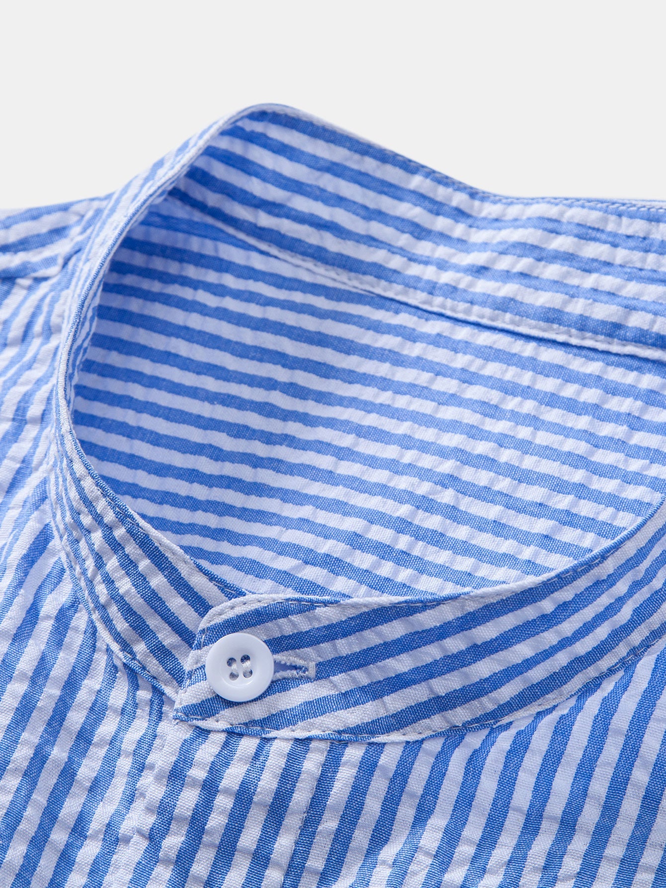Seersucker Striped Stand Collar Shirt &amp; Straight Leg Linen Pants