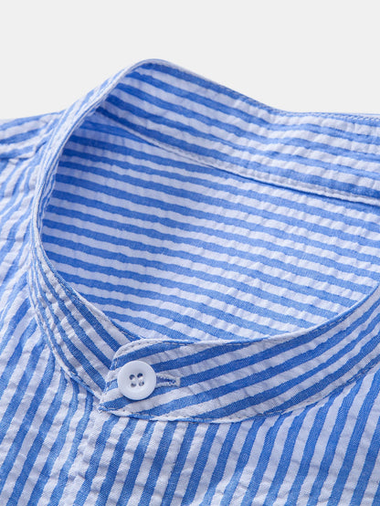 Seersucker Striped Stand Collar Shirt &amp; Straight Leg Linen Pants