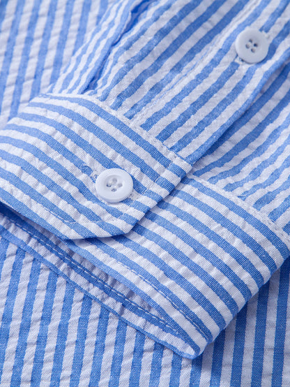 Seersucker Striped Stand Collar Shirt &amp; Straight Leg Linen Pants