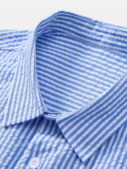 Seersucker Striped Button Up Shirt &amp; Straight Leg Linen Pants
