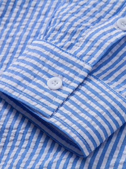 Seersucker Striped Button Up Shirt &amp; Straight Leg Linen Pants