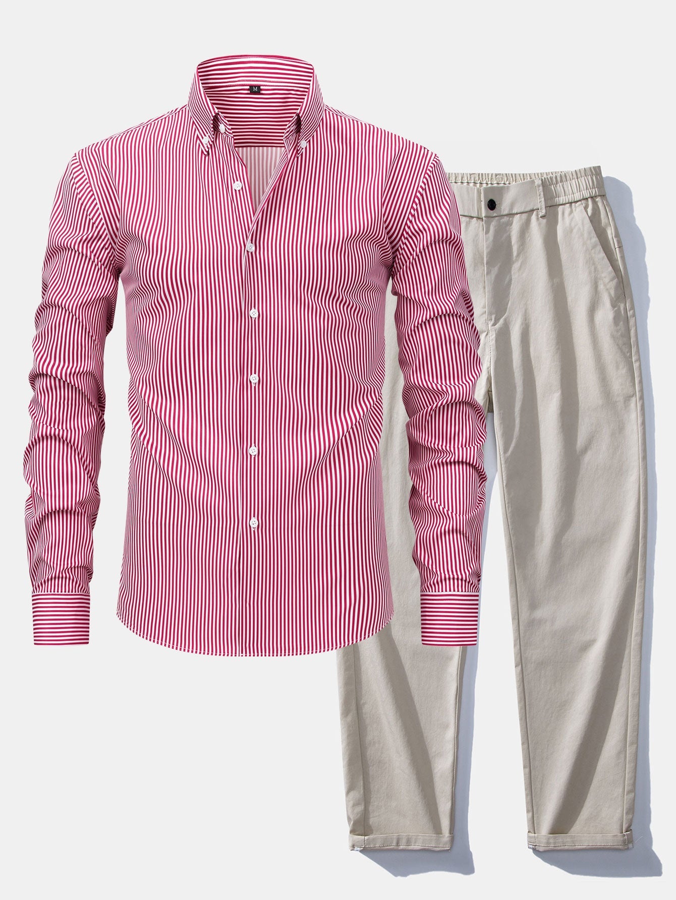 Long-sleeved striped button-down shirt &amp; elastic waist pants