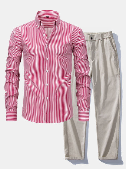 Long-sleeved striped button-down shirt &amp; elastic waist pants