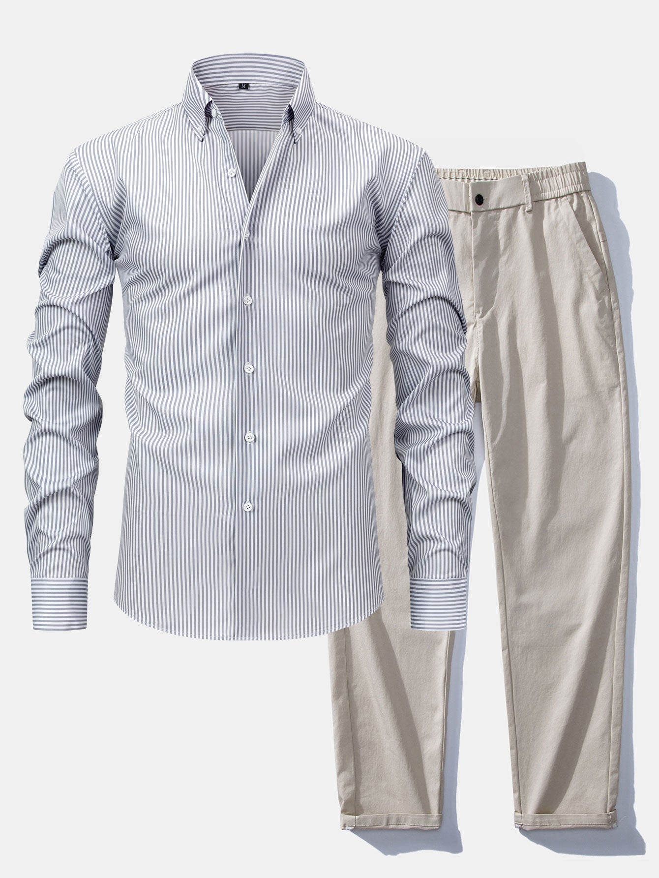 Long-sleeved striped button-down shirt &amp; elastic waist pants