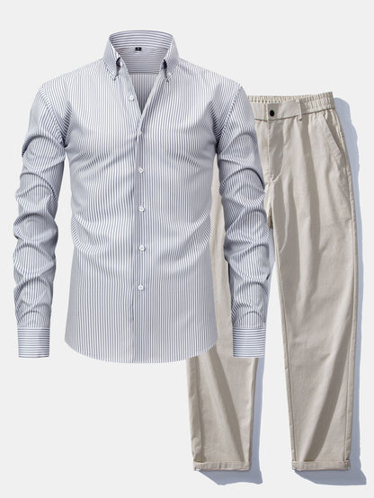 Long-sleeved striped button-down shirt &amp; elastic waist pants