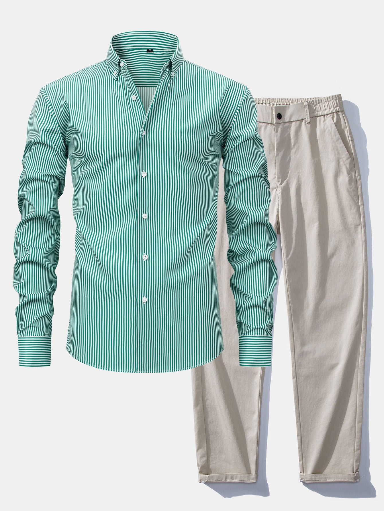 Long-sleeved striped button-down shirt &amp; elastic waist pants