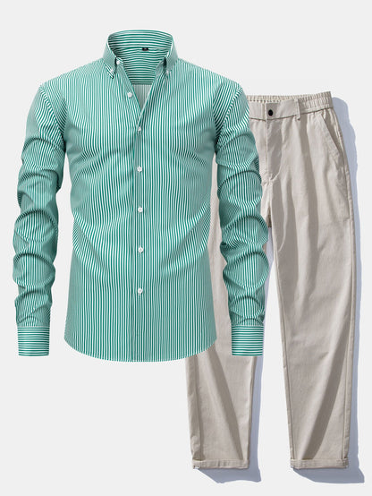 Long-sleeved striped button-down shirt &amp; elastic waist pants
