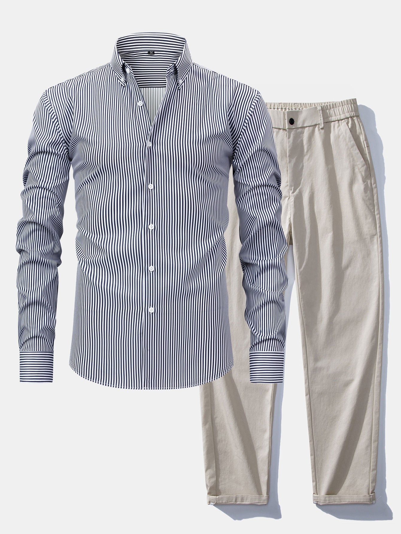Long-sleeved striped button-down shirt &amp; elastic waist pants