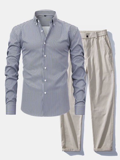 Long-sleeved striped button-down shirt &amp; elastic waist pants