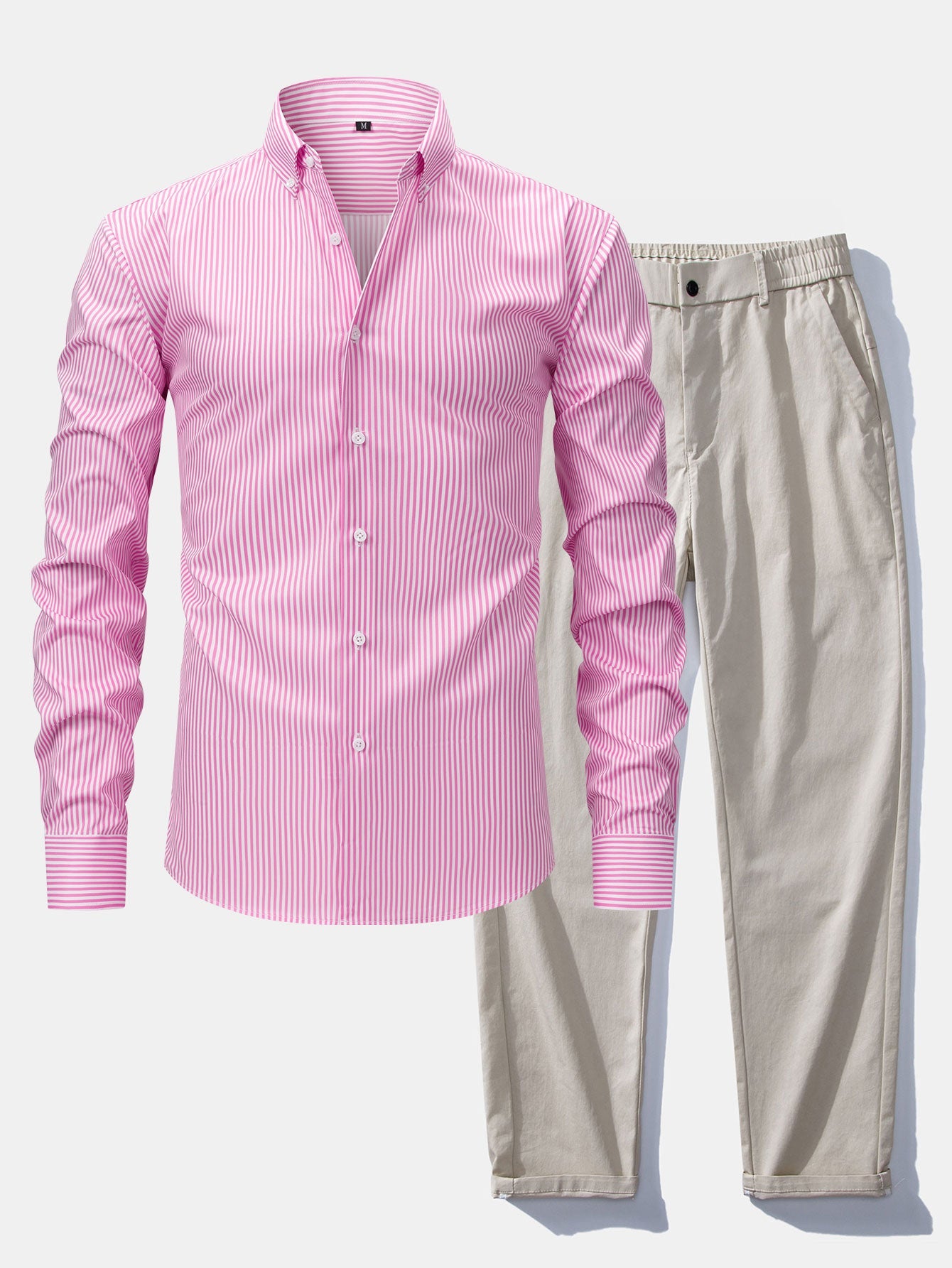Long-sleeved striped button-down shirt &amp; elastic waist pants