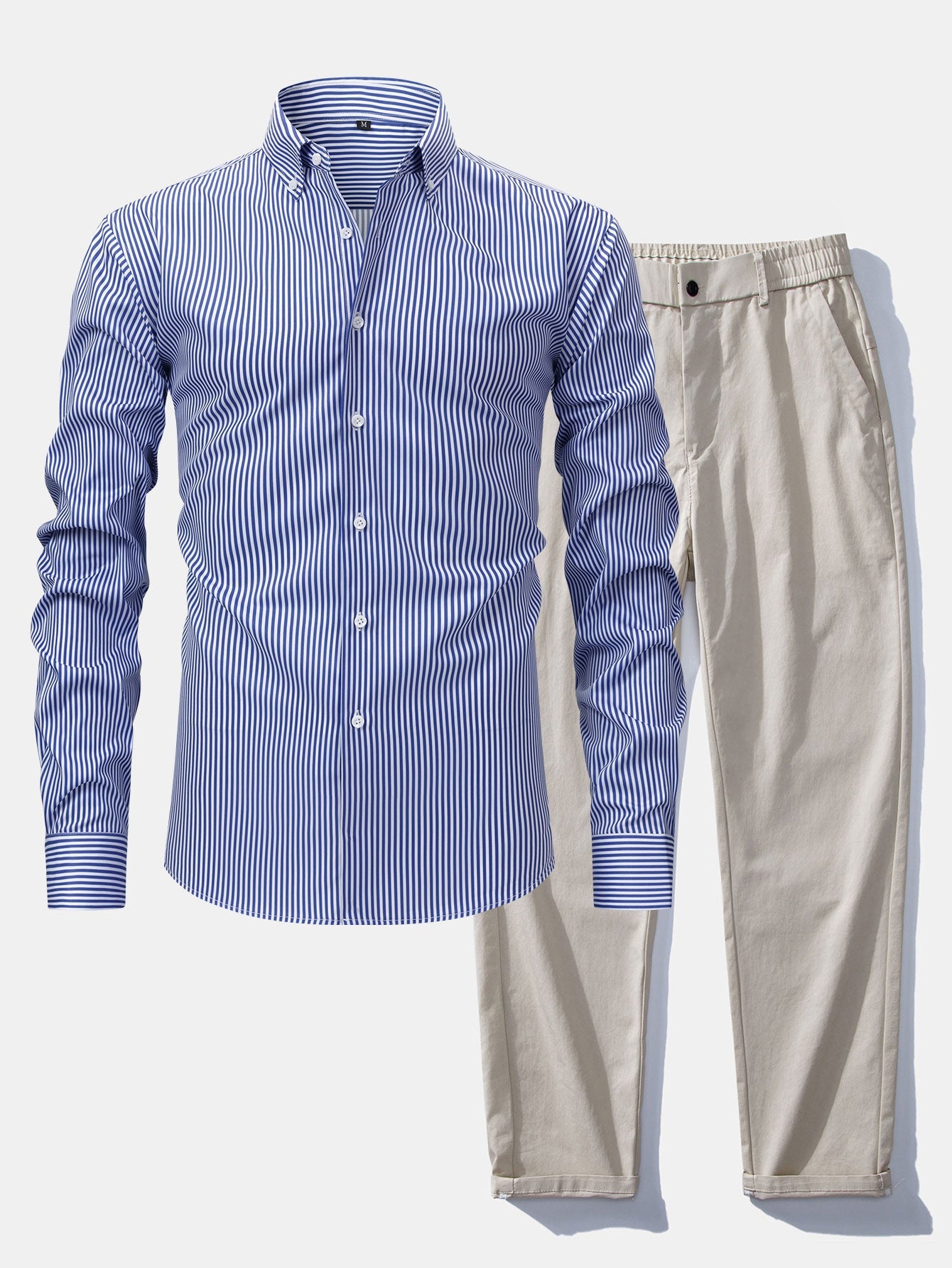 Long-sleeved striped button-down shirt &amp; elastic waist pants