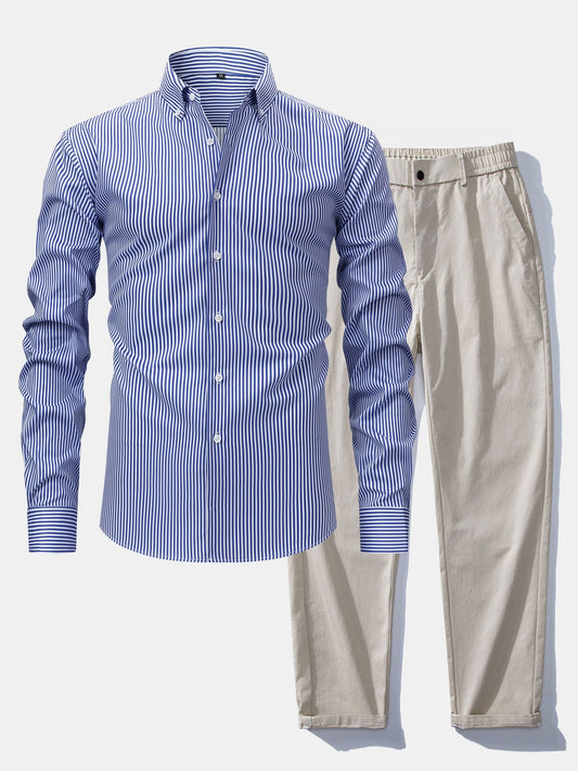 Long-sleeved striped button-down shirt &amp; elastic waist pants
