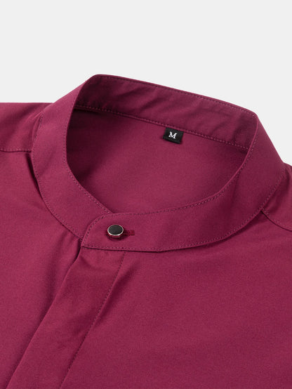 Dress shirt with stand-up collar and hidden anti-wrinkle placket