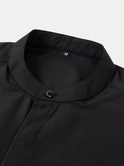 Dress shirt with stand-up collar and hidden anti-wrinkle placket