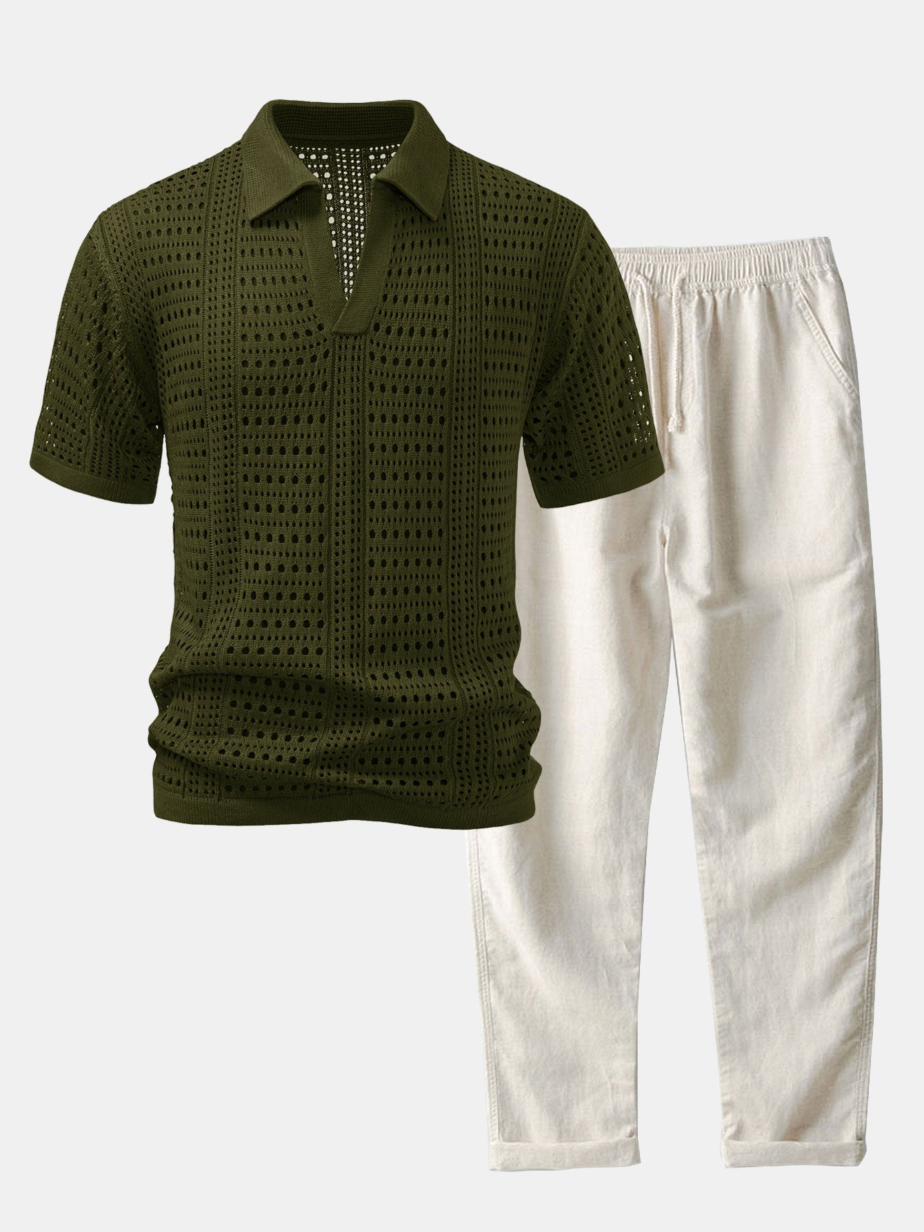 Crochet V-neck polo shirt &amp; straight-leg linen pants
