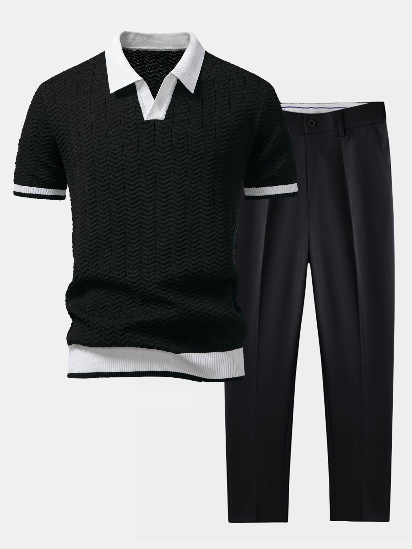 Textured contrast knit polo shirt with V-neck and slim fit trousers