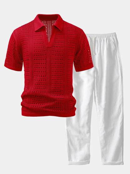 Crochet V-neck polo shirt &amp; straight-leg linen pants