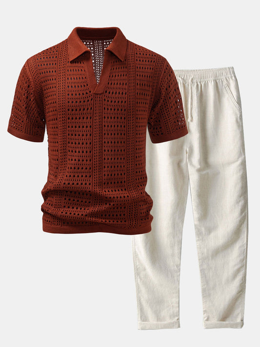 Crochet V-neck polo shirt &amp; straight-leg linen pants