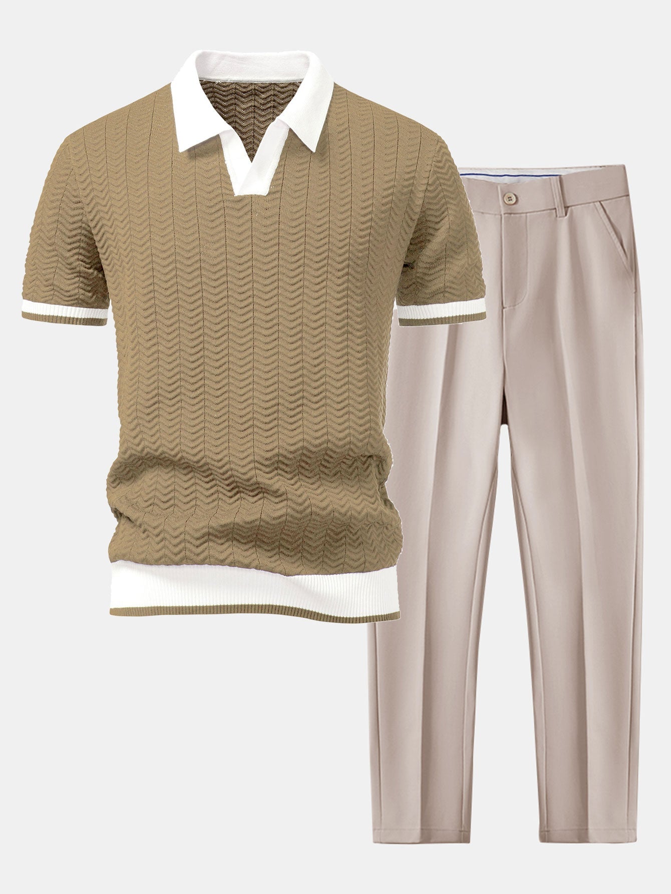 Textured contrast knit polo shirt with V-neck and slim fit trousers