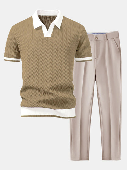 Textured contrast knit polo shirt with V-neck and slim fit trousers