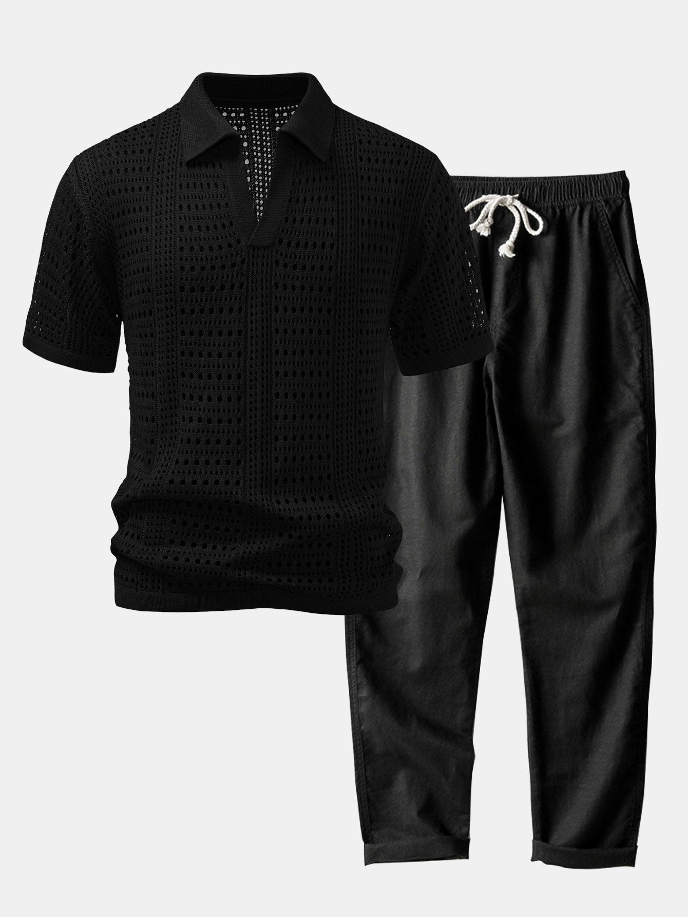 Crochet V-neck polo shirt &amp; straight-leg linen pants