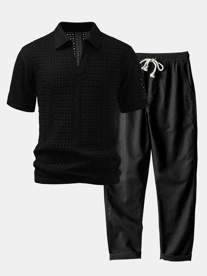 Crochet V-neck polo shirt &amp; straight-leg linen pants