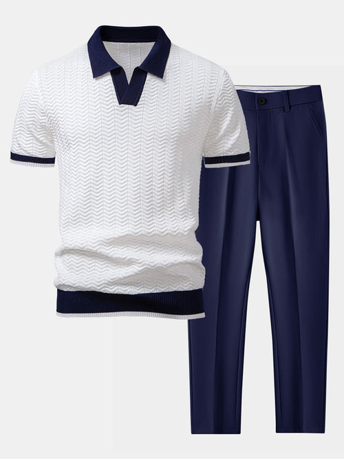Textured contrast knit polo shirt with V-neck and slim fit trousers