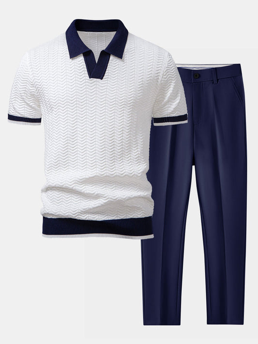 Textured contrast knit polo shirt with V-neck and slim fit trousers