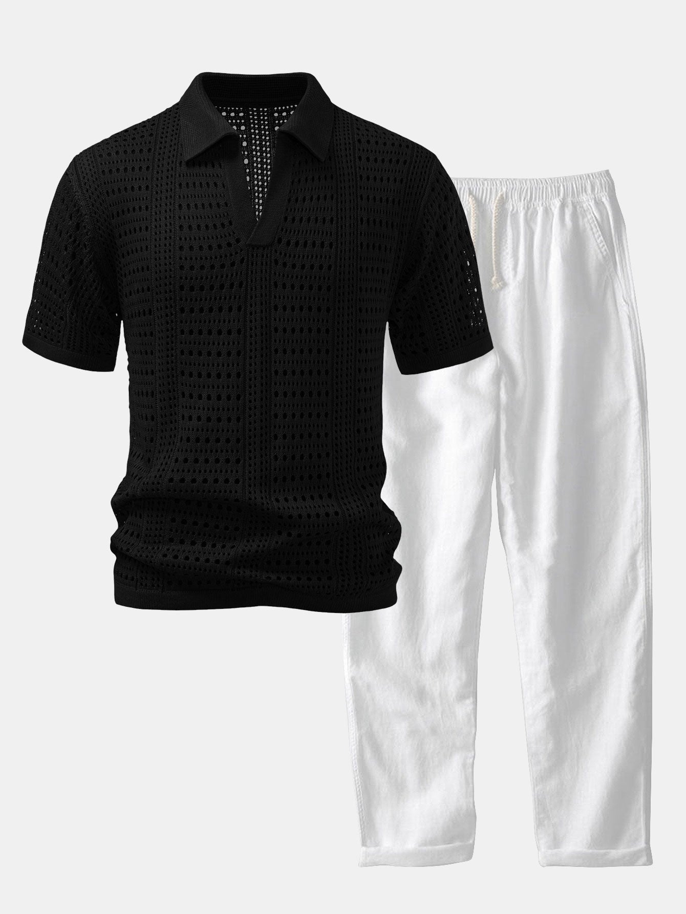 Crochet V-neck polo shirt &amp; straight-leg linen pants
