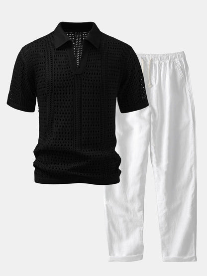 Crochet V-neck polo shirt &amp; straight-leg linen pants