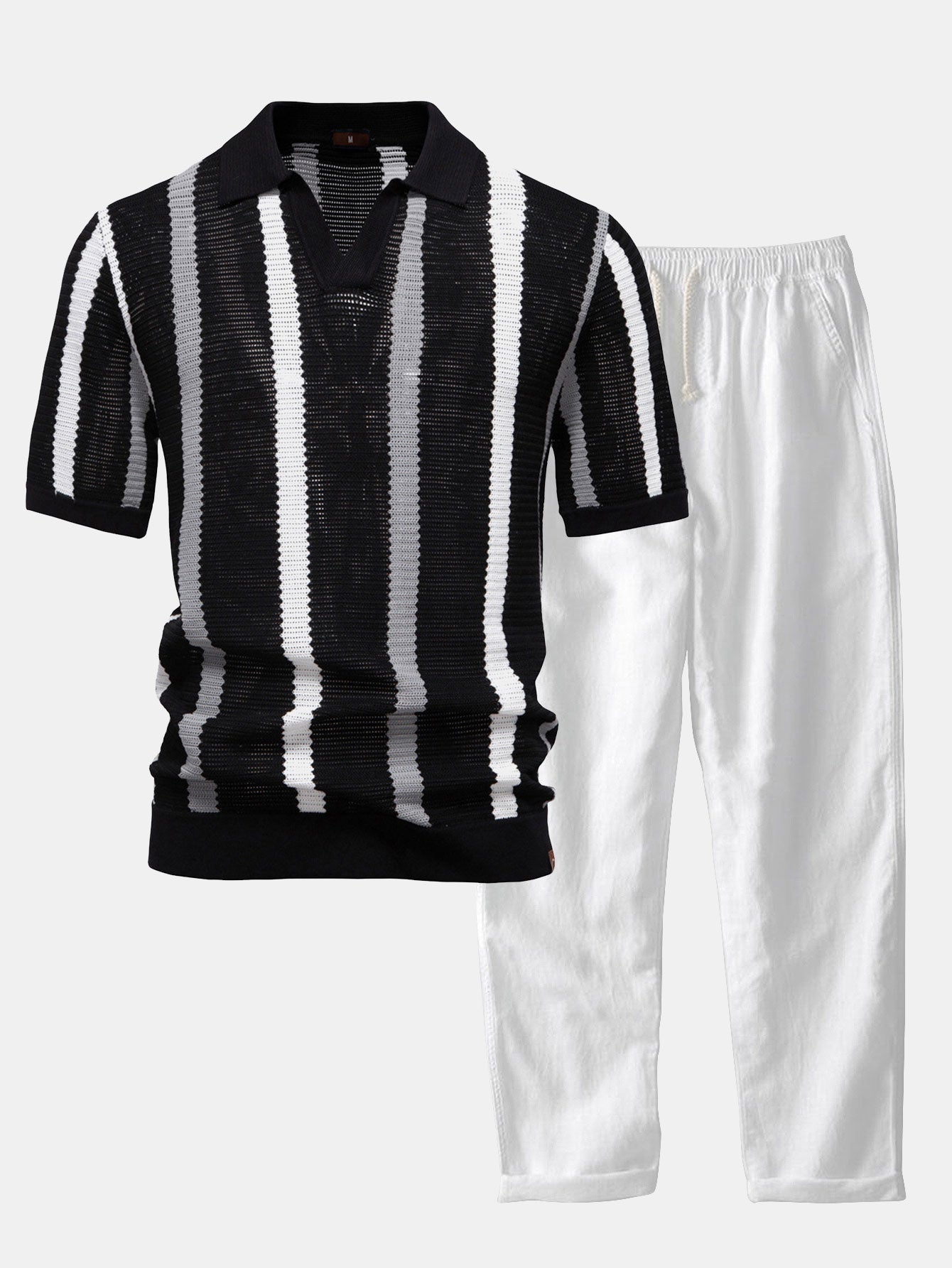 Striped V-neck knit polo shirt &amp; linen pants