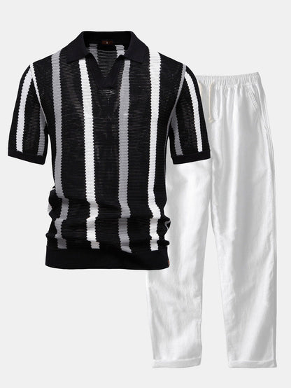 Striped V-neck knit polo shirt &amp; linen pants