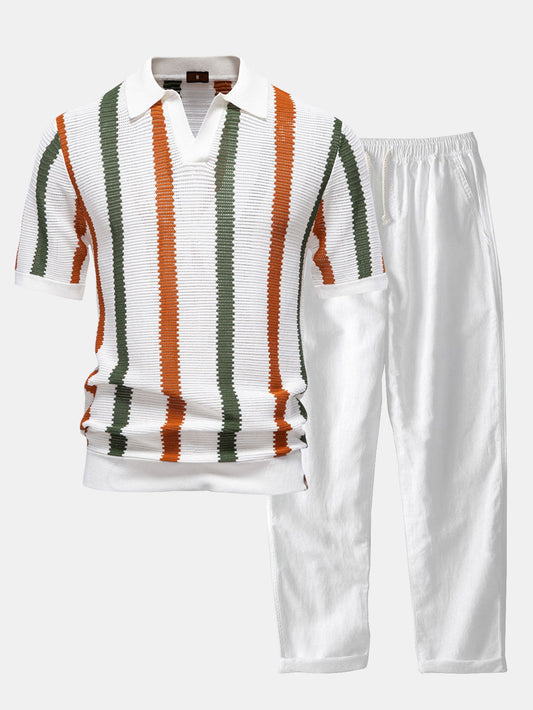 Striped V-neck knit polo shirt &amp; linen pants