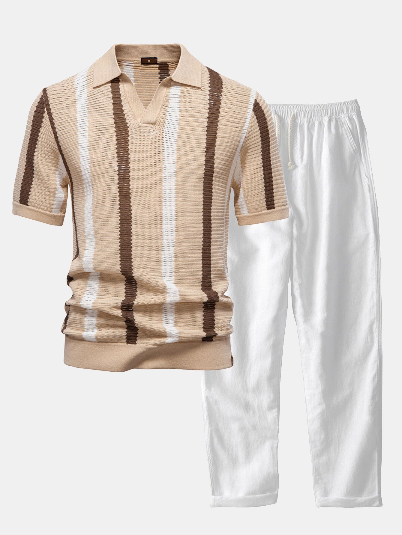 Striped V-neck knit polo shirt &amp; linen pants