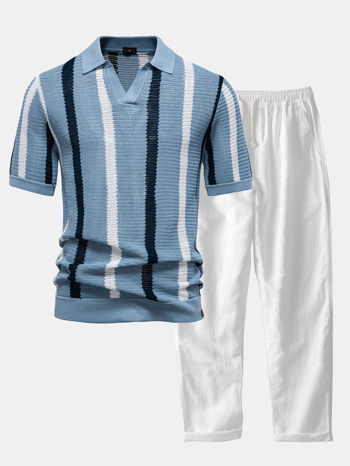 Striped V-neck knit polo shirt &amp; linen pants