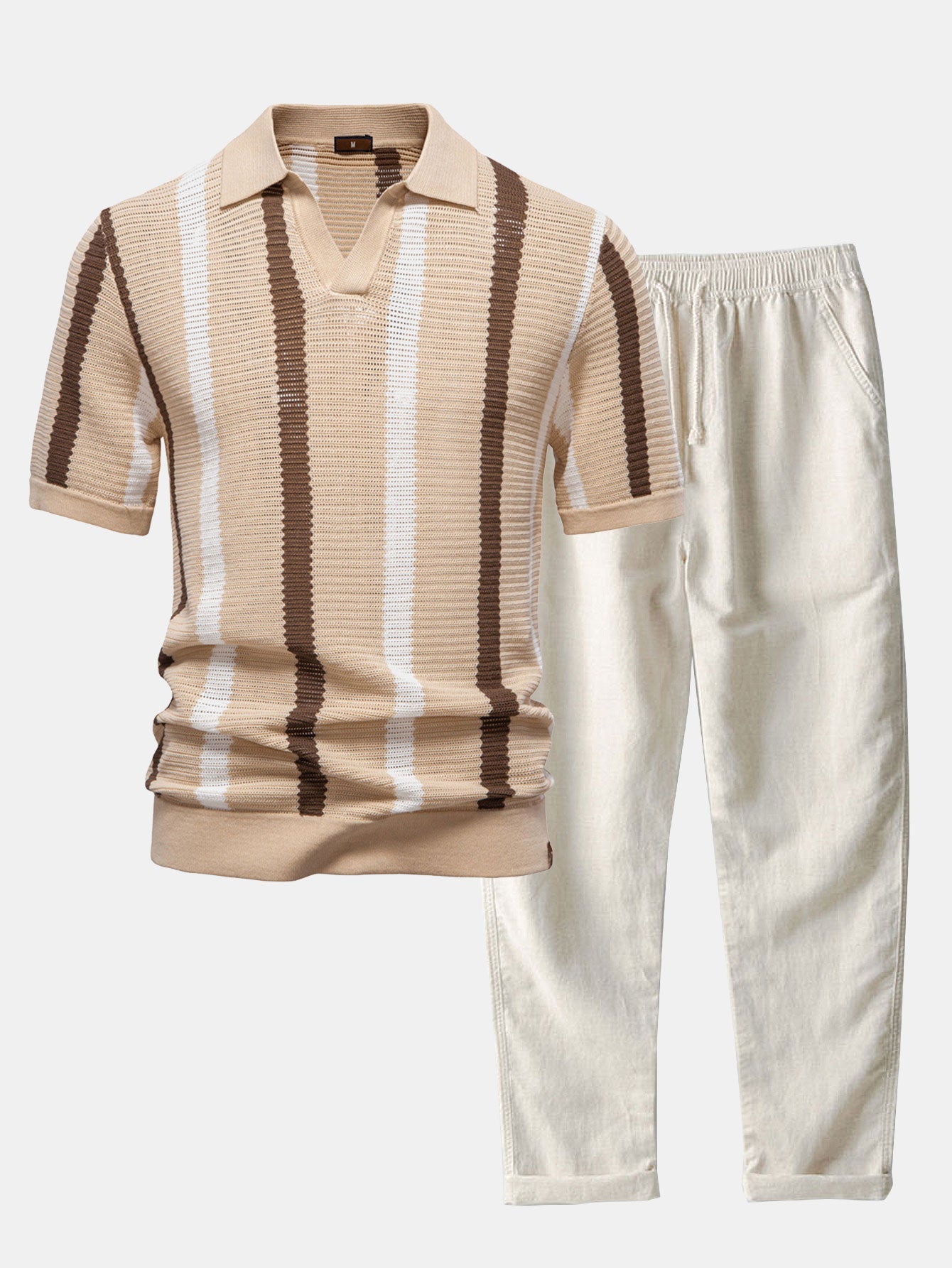 Striped V-neck knit polo shirt &amp; linen pants
