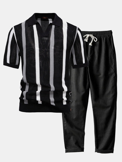 Striped V-neck knit polo shirt &amp; linen pants